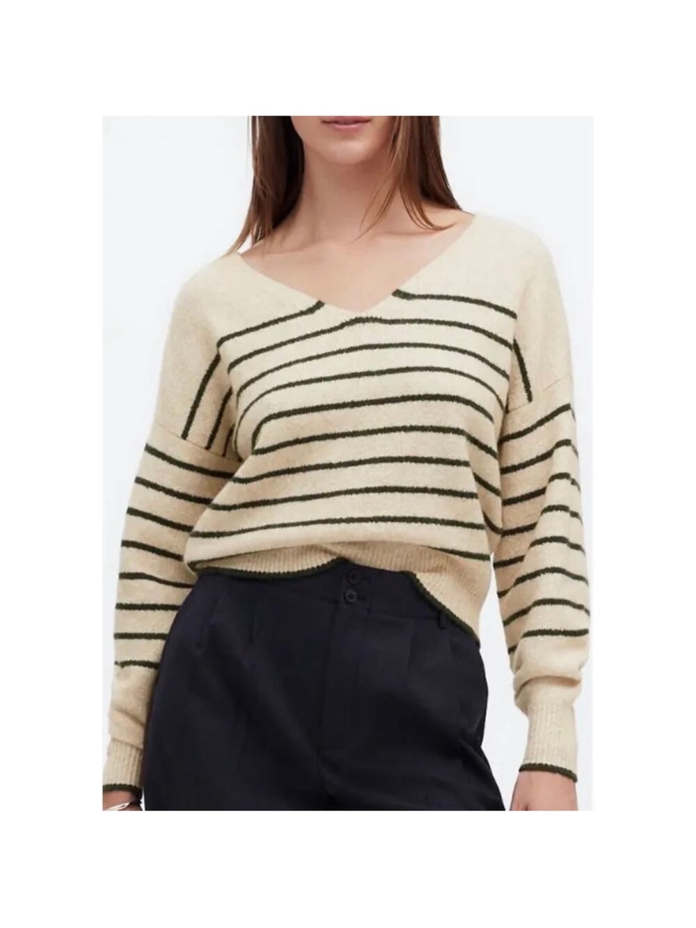 Madewell Merino Wool Oatmeal & Dark Green Striped V Neck Sweater